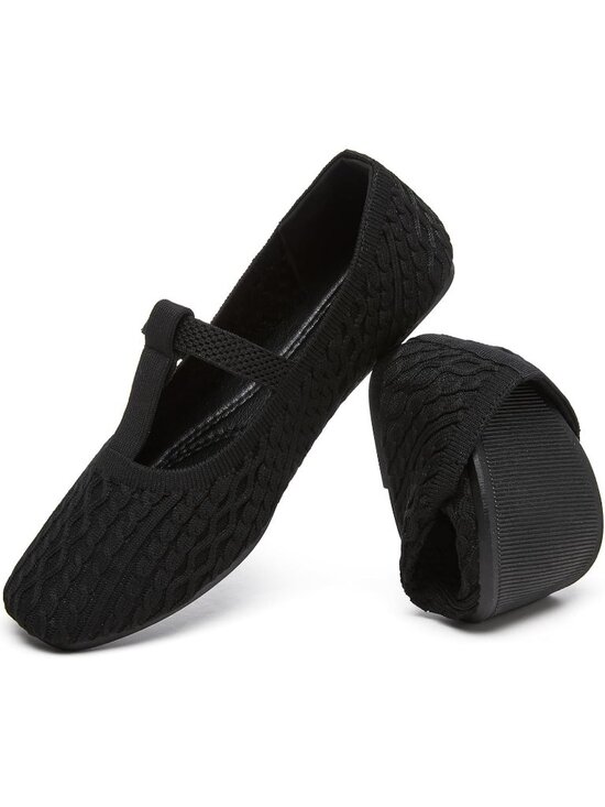 Shoes - Women's Black Knitted Flats Square Toe Comfortable Slip On Casual Walking Shoes
